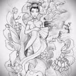 vázlat egy 39 -es gésa tetoválásról - a minta egyedi változata, amely sikeresen használható a gésa tetováláshoz a hátoldalon