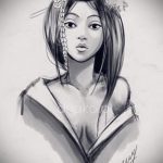 297 -es gésa tetoválás vázlata - a rajz exkluzív változata, amely jól használható felülvizsgálatra és alkalmazásra esernyővel ellátott gésa tetoválásaként