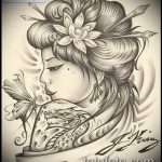 vázlat egy gésa tetoválásról № 901 - a rajz exkluzív változata, amely sikeresen használható felülvizsgálatra és alkalmazásra, mint egy gésa tetoválása katanával