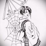 vázlat egy 95 -ös gésa tetoválásról - a minta egyedi változata, amely jól használható a gésa tetoválás átalakítására és alkalmazására a combon