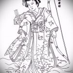 vázlat egy gésa tetoválásról № 489 - a rajz exkluzív változata, amely jól használható a gésa tetoválás feldolgozására és alkalmazására a lábán