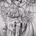 vázlat egy gésa tetoválásról № 640 - a rajz hűvös változata, amely jól használható a gésa és a katana tetoválásának megváltoztatására és alkalmazására