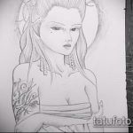 vázlat egy 689 -es gésa tetoválásról - a rajz hűvös változata, amely jól használható felülvizsgálatra és alkalmazásra, mint egy gésa tetoválása a lábán