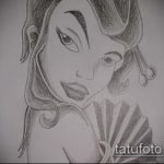 vázlat egy 15 -ös gésa tetoválásról - a rajz érdekes változata, amely könnyen használható felülvizsgálatra és alkalmazásra, mint egy gésa tetoválása sakurával