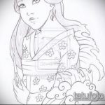 vázlat egy 346 -os gésa tetoválásról - a rajz hűvös változata, amely sikeresen használható a koponyával rendelkező gésa tetoválásaként történő megváltoztatására és alkalmazására