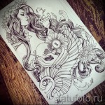 gyönyörű lány - koponya - homokóra és szárnyak - TATTOO SLEEVES SKETCH