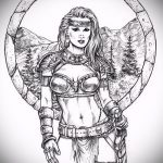 A Valkyrie tetoválás vázlata # 746 a minta érdekes változata, amely sikeresen használható a felülvizsgálathoz és a Valkyrie tetováláshoz a hátoldalon