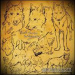 скица за татуировка на вълк # 129 - изключителна версия на модела, която може успешно да се използва за трансформиране и прилагане като татуировка на вълк на крака