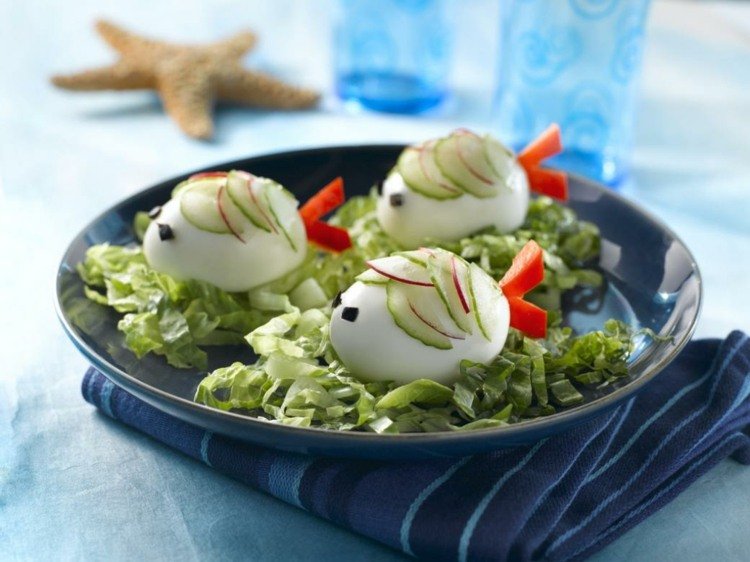 Jedlo pre deti - vajíčka vo forme rýb jesť-deti-ryby-vajíčka-dizajn-vtipné-výživa-deti-párty-uhorky