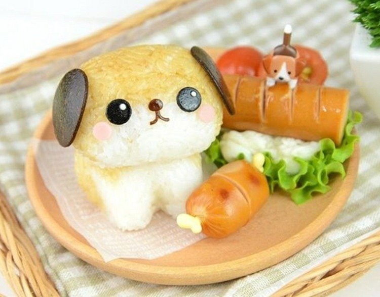 Pes vytvorený z ryže na jedenie jesť-deti-pes-ryža-formy-wiener-klobása