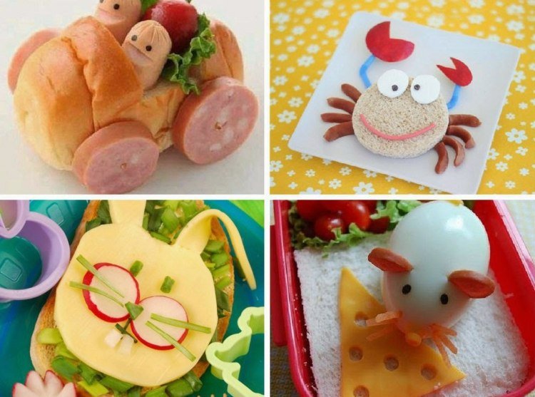 Vytvorte zvieratá z jedla jesť-deti-auto-broetchen-krebs-králik-myš-vajíčko