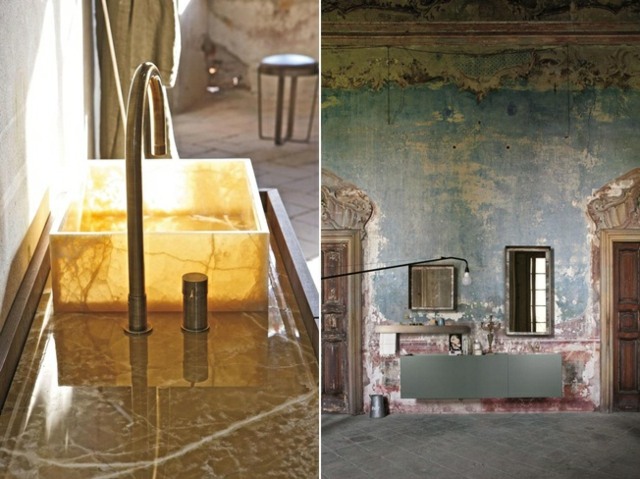 Vstavaná drevená skrinka na mramorové osvetlenie v modrej farbe