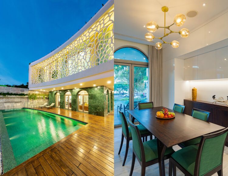 exotické rastliny v záhrade s bazénom a jedálňou s výhľadom do záhrady