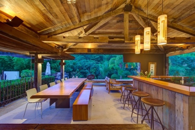 Drevený obytný pavilón-otvorená kuchyňa-jedálenský kút Hazienta-exotická Casa-Fazenda Drevený obytný pavilón-otvorený dizajnová kuchyňa-jedálenský kút Hazienta-exotický