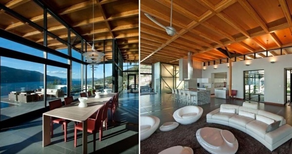 Obývacia izba biela jedálenský kút-červené stoličky, podkrovný byt Obývačka biela jedálenská časť-červené stoličky vysoký strop