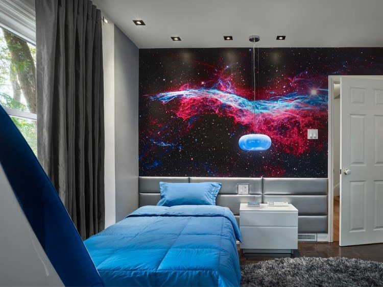 Farebný a nástenný dizajn detská izba-chlapec-fotografická stena-vesmír-motív