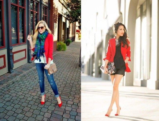 Jesenné outfity s červenou tvídovou bundou, vyhrnutými riflami alebo krátkymi šortkami červené-tvídové bundy-džínsy-vysoké-elegantné-topánky-pouličné stylingy-na-jeseň-2014