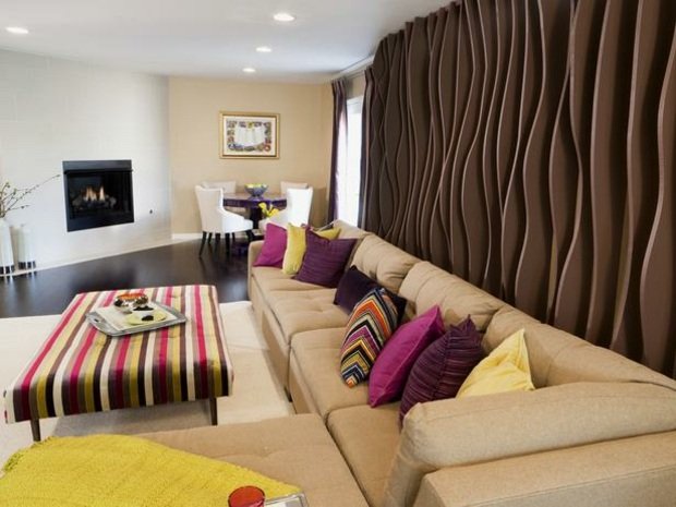 Farebná schéma stenových panelov v čokoládovo hnedej farbe Čokoládovo hnedé stenové panely pruhy tabule horčica žltá jahoda červeno hnedá biele steny