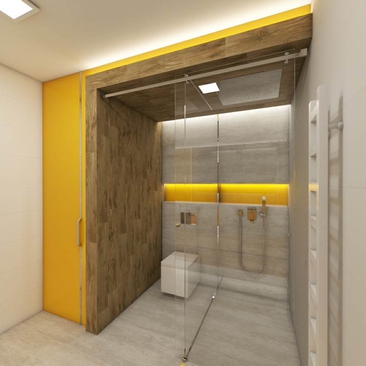 Sprchovací kút oblečte do dreva a žltej farby Farby osvetlenie kúpeľne do sprchového kúta drevo žlté