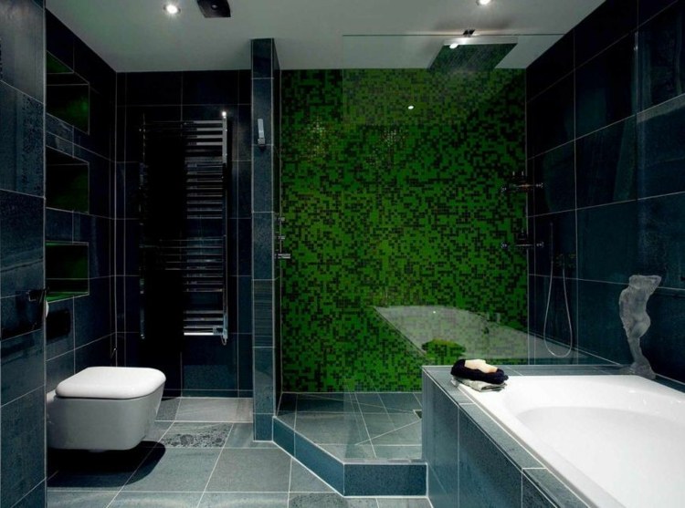 Štýlový dizajn kúpeľne v tmavo modrej a zelenej farbe Farby kúpeľňové mozaikové dlaždice nápady moderné