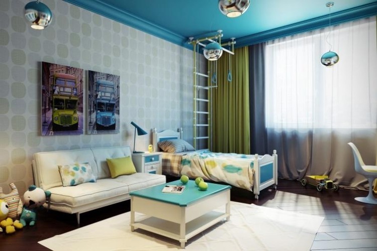 farby-detska izba-chlapec-modro-namalovany-strop-zeleny