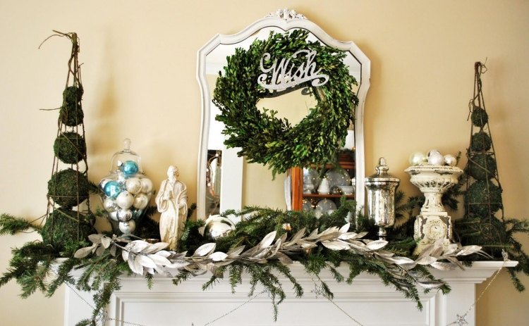 nádherne ozdobte stred miestnosti - krbovú rímsu vianoce-farby-2013-zeleno-strieborná-stilvoill-figúrky-dekorácia-krbová rímsa