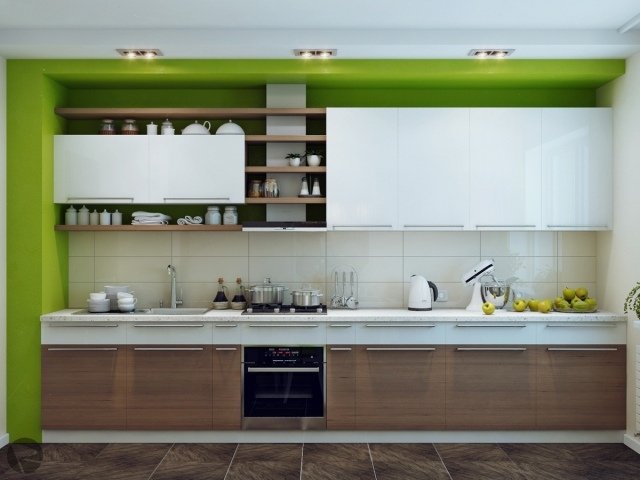 color-design-kitchen-ideas-white-high-gloss-fronts-wood-wall-paint-green