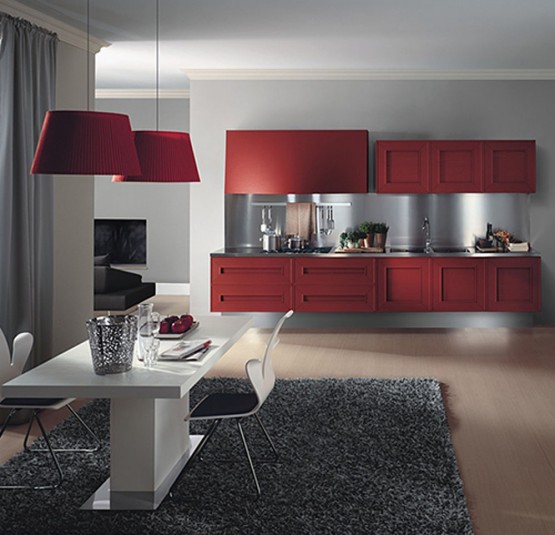 tmavo červená-kuchynské skrinky-biela-jedálenský-nábytok