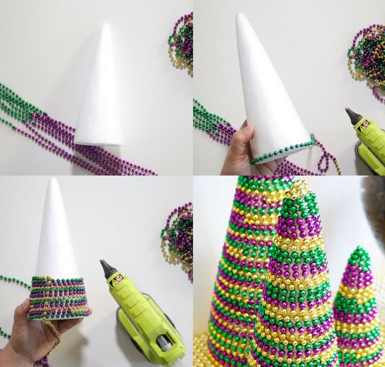 Dekorácia stola pre karnevalové nápady pokrýva polystyrénové kužele so sklenenými korálkami