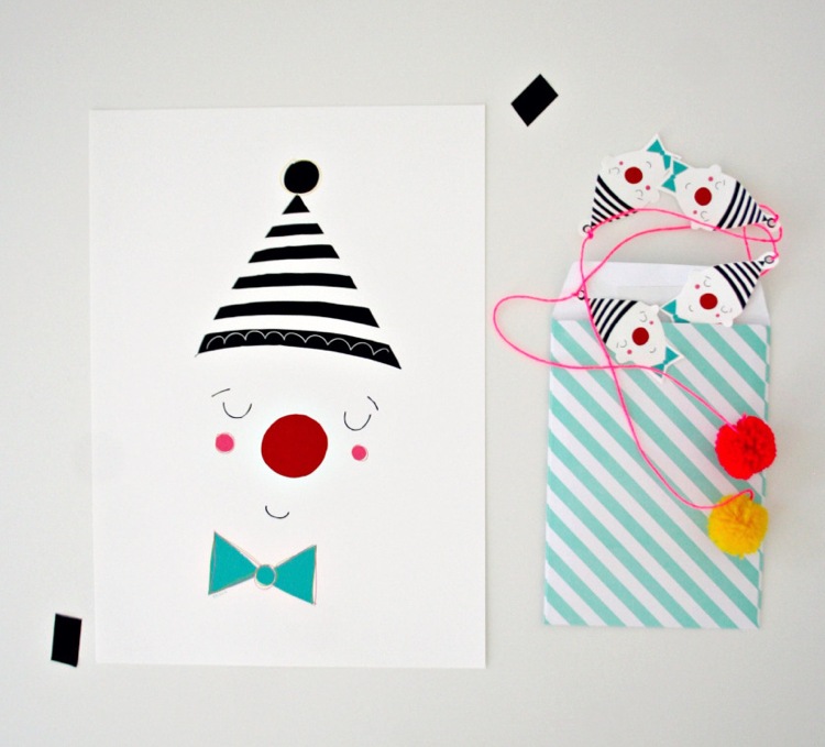 Vyrobte si karnevalové ozdobné okenné klaunové girlandy z papiera a pomponov sami