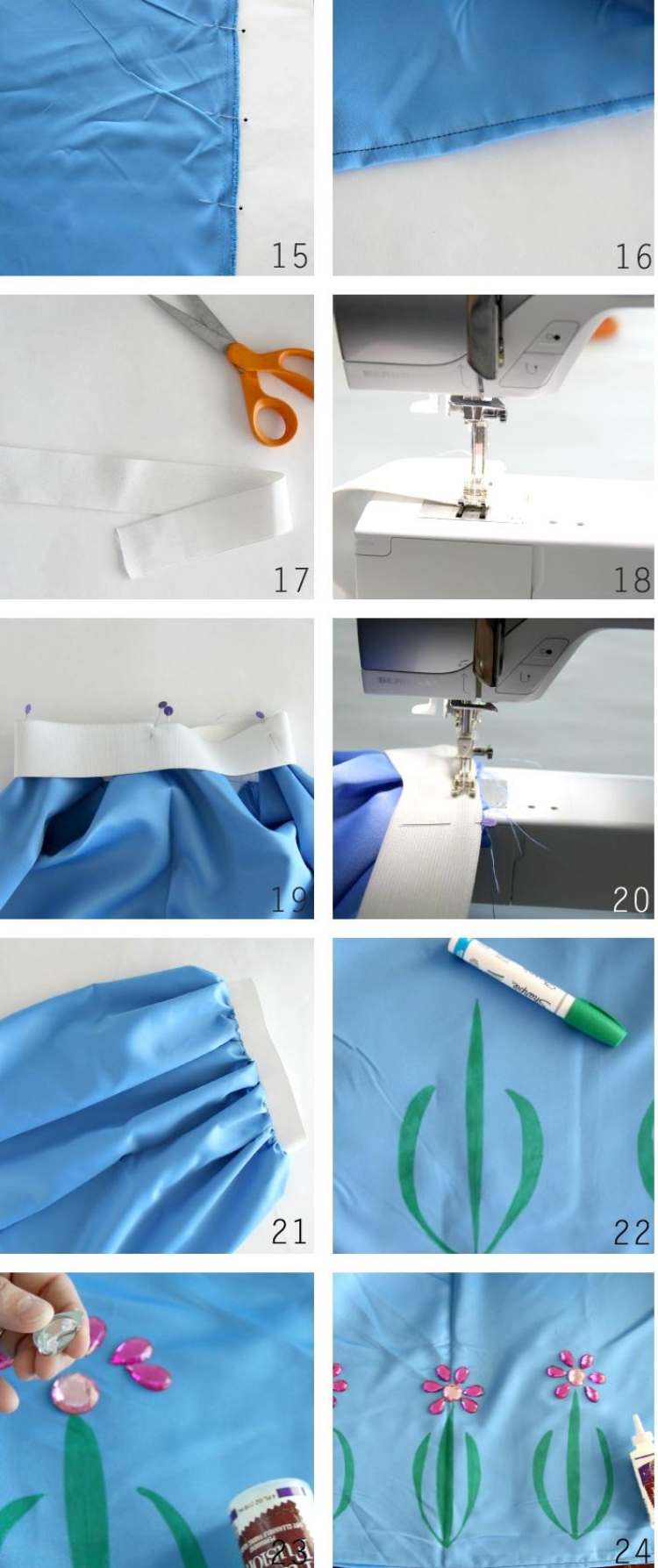 karnevalové kostýmy-deti-vyrobte si-ľadovú kráľovnú-Anna-šaty-sukne-modrej-látky-šitie