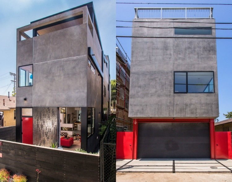 Sivá betónová fasáda moderného architektonického domu v Los Angelis v Kalifornii Fasáda v sivobetónových omietkach-architekt-dom-červené-akcenty
