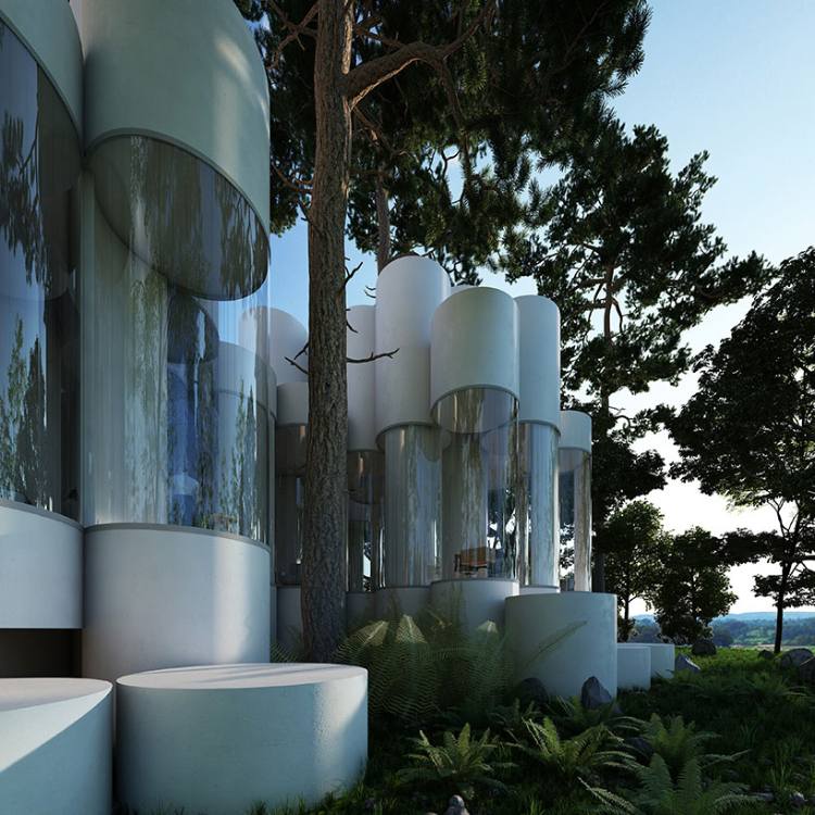 lesný valec sklenený predný dom moderný