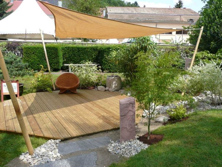 Feng Shui záhradná dizajnová drevená terasa-voľne stojaca-slnečná plachta