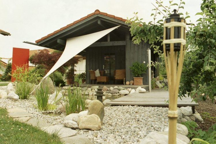 Feng Shui záhradný dizajn rybník-riečne kamene-markíza-baterky