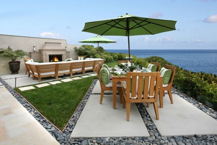 feng-shui-záhradný-dizajn-drevený-nábytok-štrkové lôžko-ohraničenie-oblasti