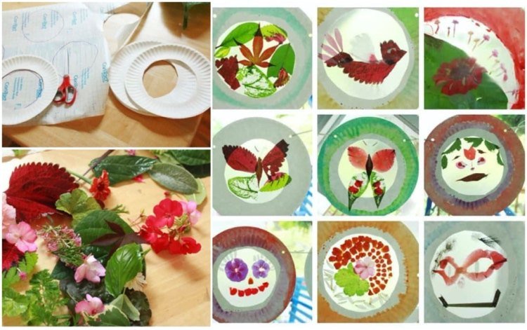 Vytvárajte s deťmi obrázky z okien z papierových platní a prírodného materiálu