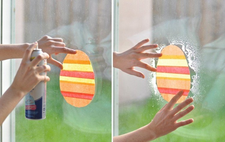 Pripojte obrázky okien na Veľkú noc z hodvábneho papiera k oknu striekaným škrobom okná-obrázky-veľkonočné-opravy-okná-ozdobiť-farebné