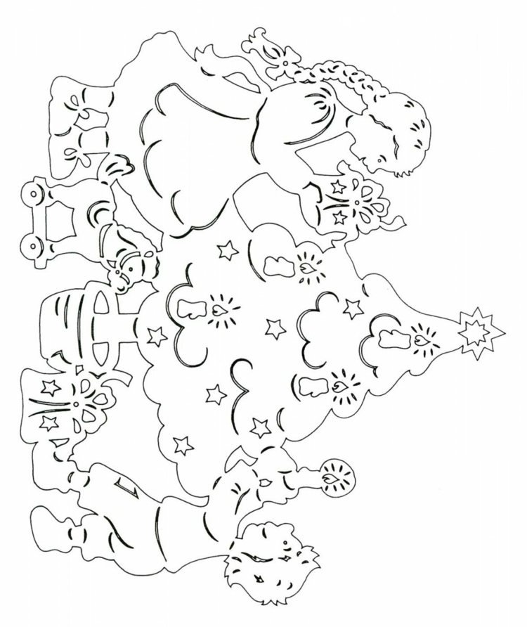 Šablóna na vystrihovanie obrazov z okien - deti zdobia vianočný stromček