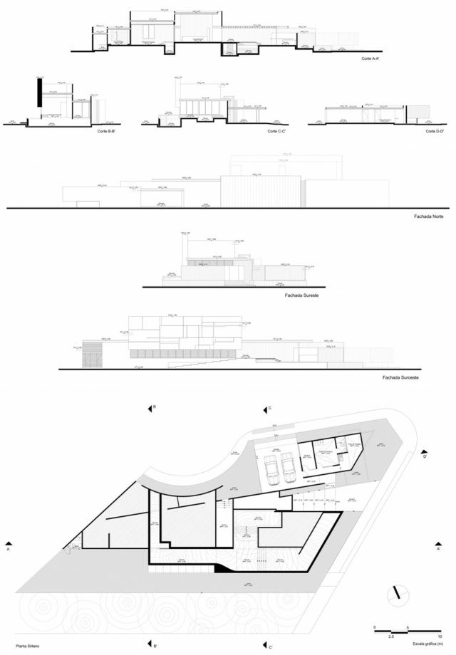 Skica bočného pôdorysu budovy s výhľadom na bazén Vila s bočným pôdorysom a výhľadom na bazén