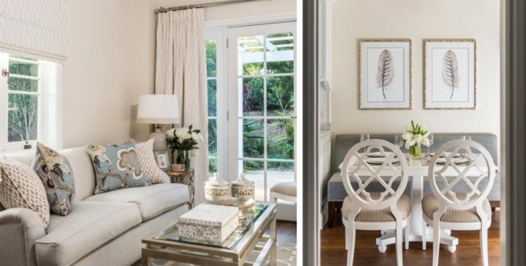 Prázdninový byt pri mori - zariadenie - obývačka - jedálenský kút - stôl - stoličky - biela - svetlé - gauč - vankúše - posteľná bielizeň