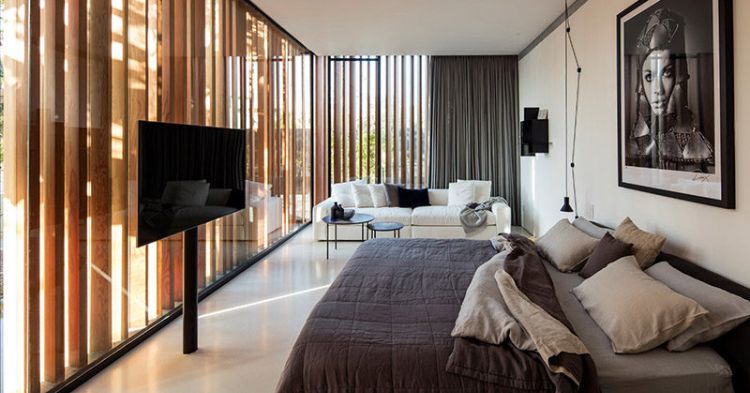 televízny prijímač v spálni s dizajnom televízneho stojana stojan na televízor obraz zavesený