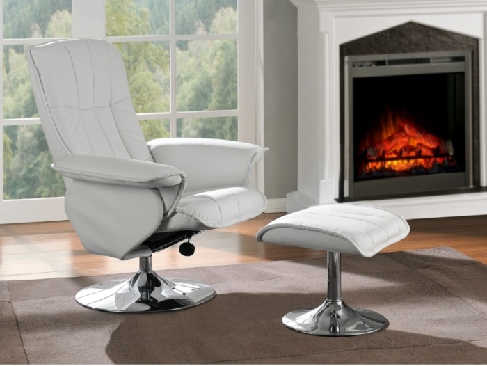 Biele televízne kreslo s podnožkou potiahnuté koženou mimózou moderne-relaxačné kreslo-biela-koža-TV kreslo-Mimosa-otoman