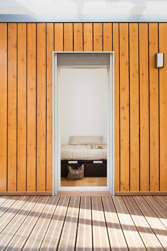 budova dom dizajn spálňa terasa drevená podlaha drevené panely