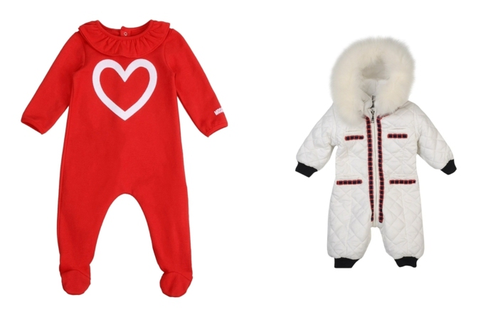 Slávnostná detská móda - teplé snehule od Moschino Detské snehulienky červeno -biele oslavujú Vianoce s dieťaťom