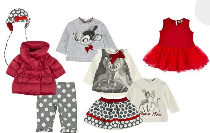 Zimné bundy, blúzky a šaty v červenej a sivej farbe roztomilé detské oblečenie šaty nohavice blúzka hravé motívy