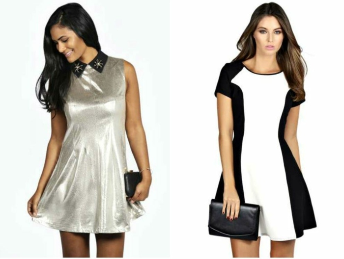 Krátke šaty striebornej farby, lesklé, čierno-biele LUCY-JEWELED-COLLAR- WOVEN-SKATER-DRESS-boohoo-com