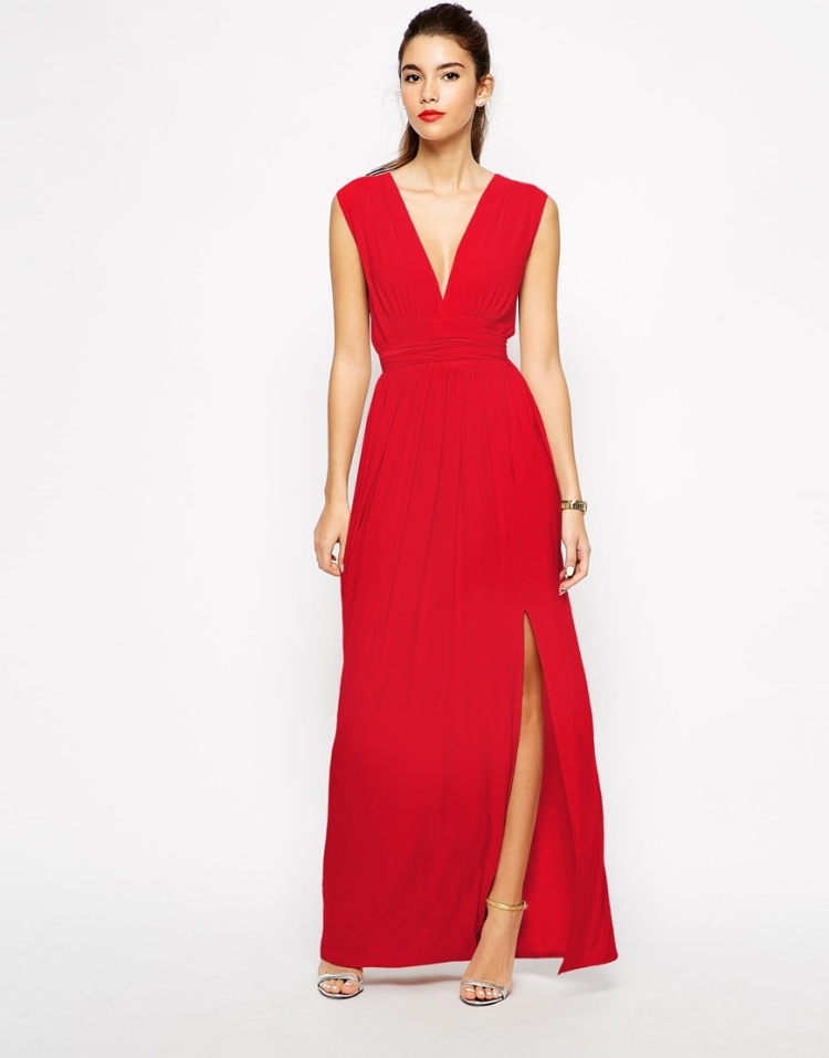 Love-maxi-šaty-hlboký-výstrih do V-rozparok-červená