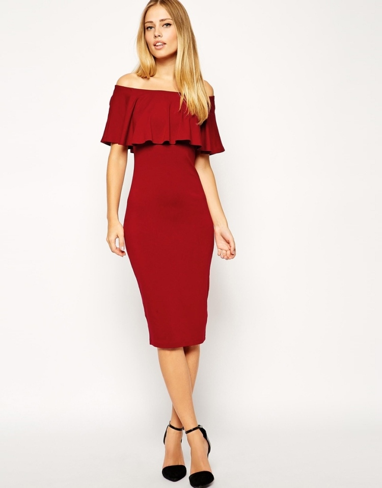 Bardot-midi-šaty-volánové top-tmavo-červené-vianočné-nápad
