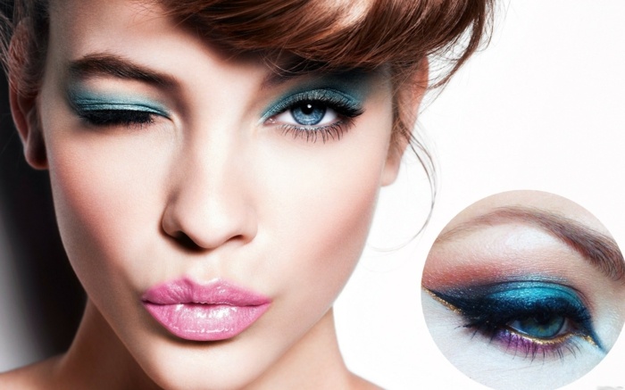 Slávnostné nápady líčenia nebesky modré a fialové akcenty Ľadovo-modrá-a-purpurovo-zlatá-lemovaná-s-ružovou-rúžou